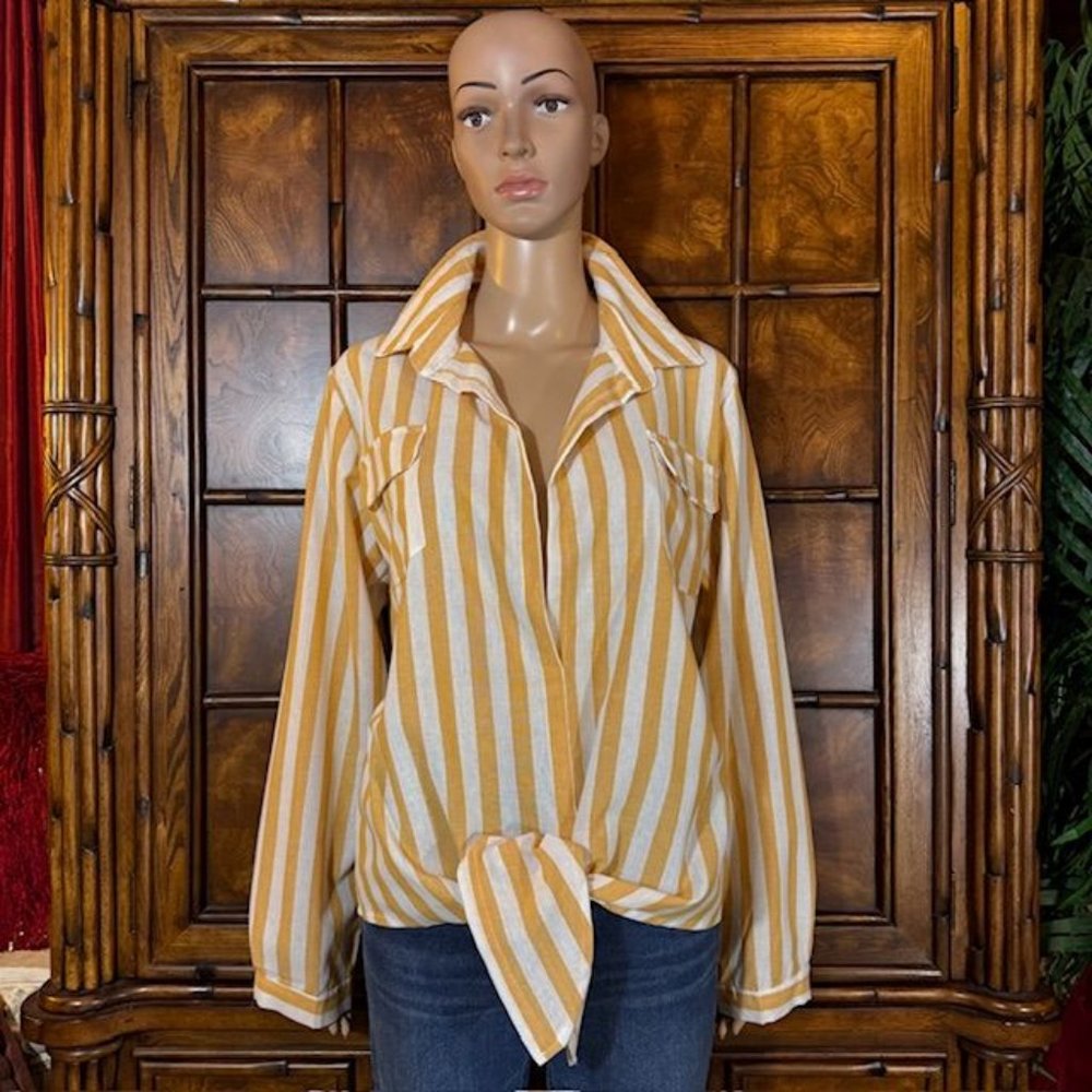 Yellow White Cotton Blend Collared Split V Linen Texture Tie Front Shirt